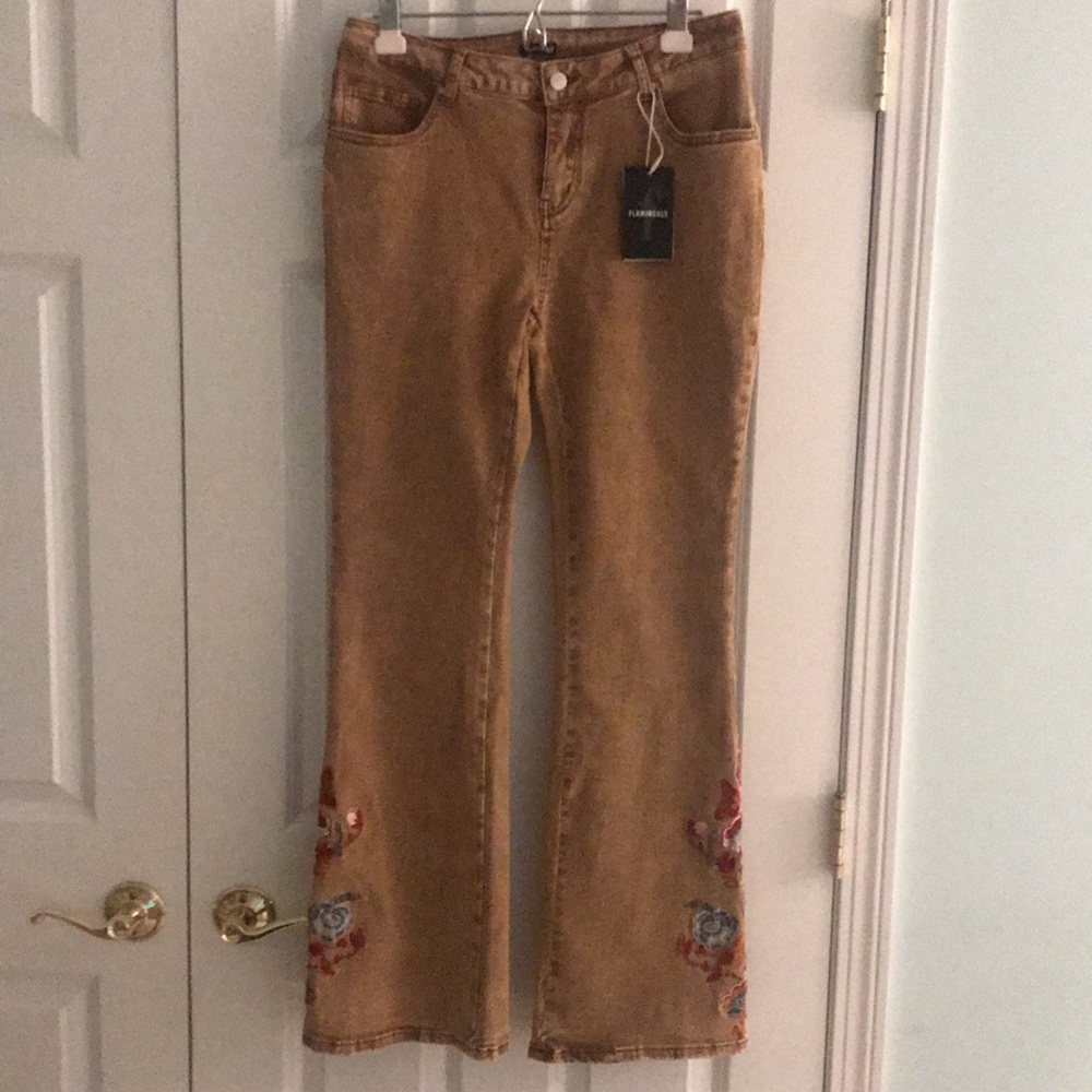 New Flamingals Tan Jeans with Floral Embroidery Western Cowgirl XL - Picture 8 of 17